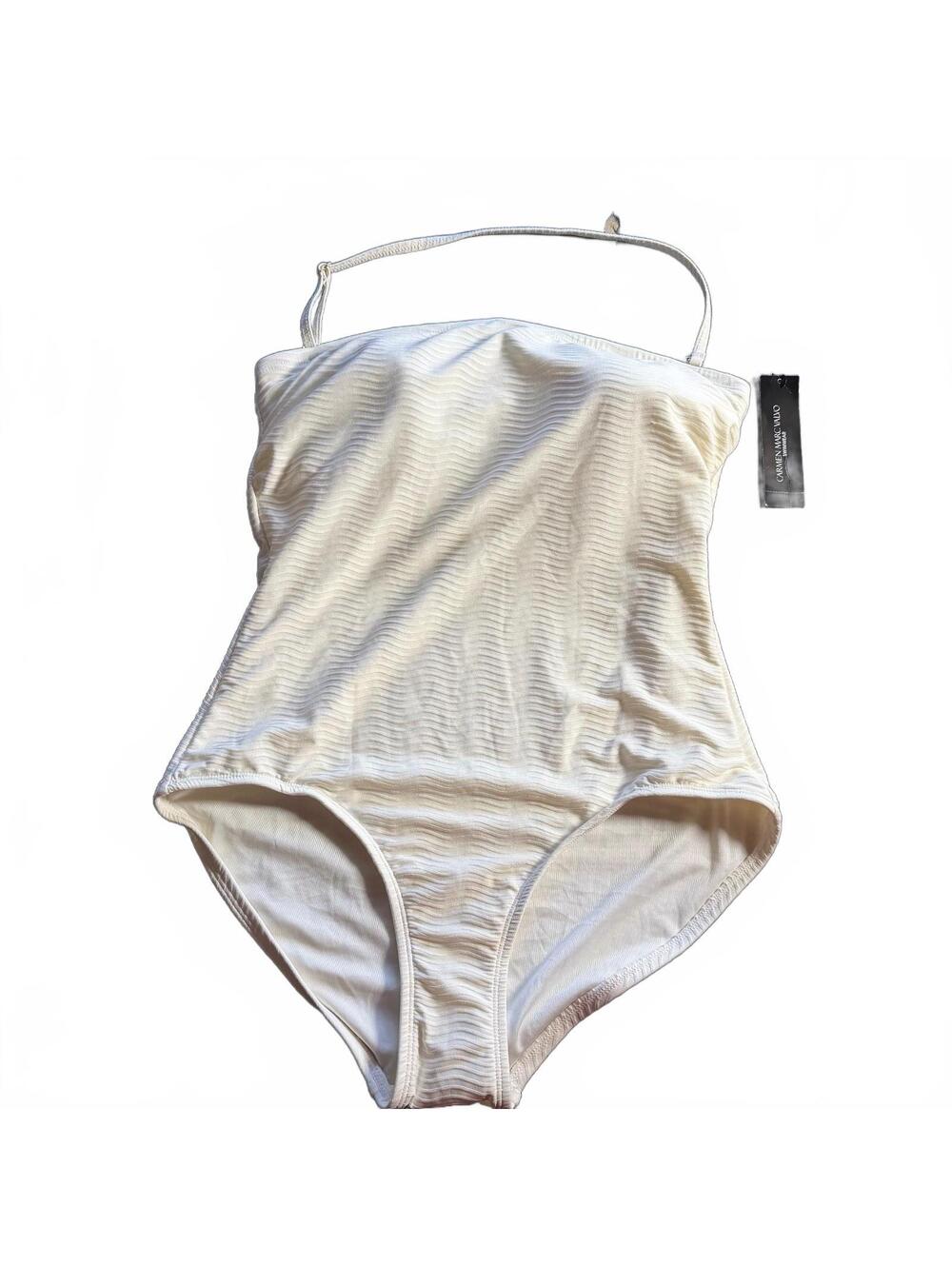 CARMEN MARC VALVO ivory bandeau strapless textured one piece swimsuit $108 NWT